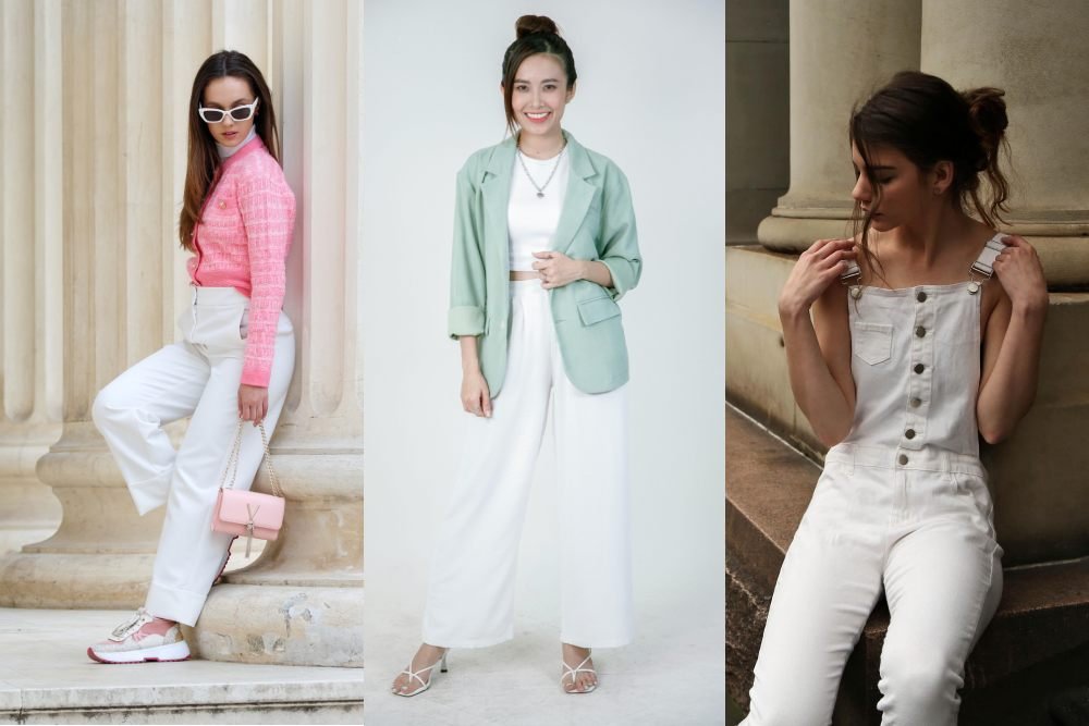 femme en pantalon blanc